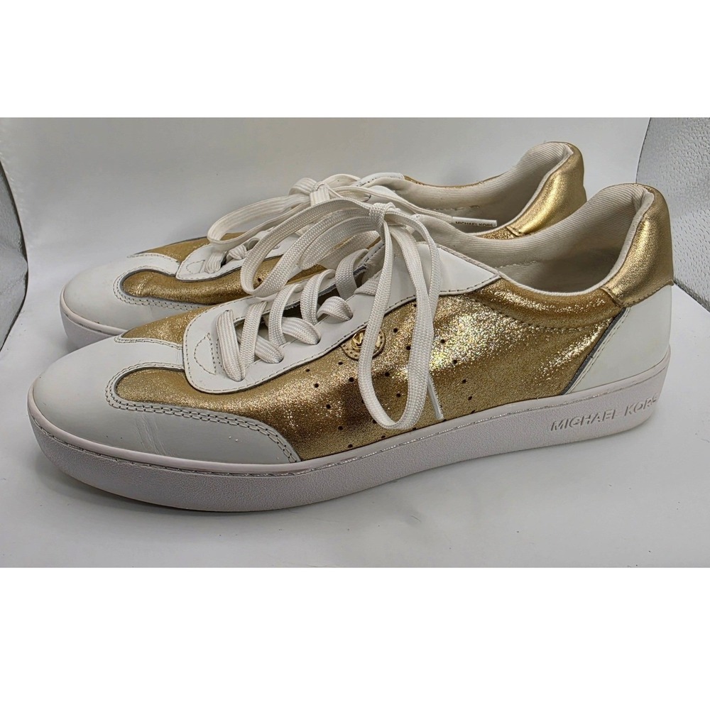 9.5M Michael Kors Womens Gold Metallic White Leather Low Top Sneakers Embellish